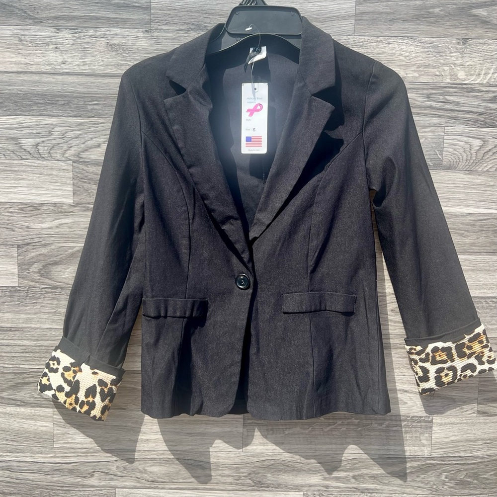 Ashley Blue Black Blazer with Leopard Print Cuffs
